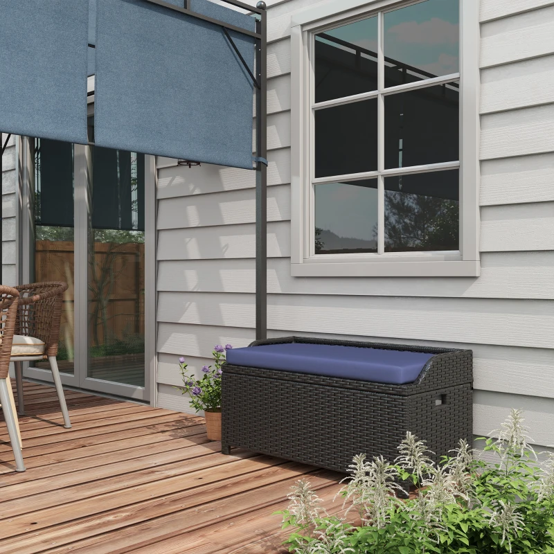 Outsunny Wicker Storage Bench Deck Box with Comfortable Cushion Navy Blue