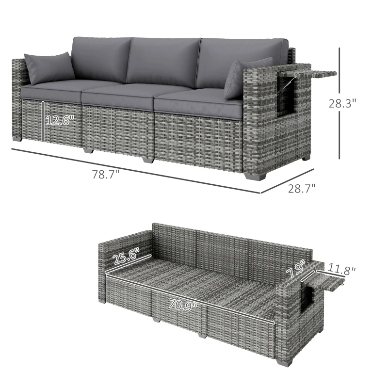 Outsunny 3 Seater Wicker Sofa with Side Trays, Outdoor Patio Couch with 6" Thick Back Cushions, Deep Seating, Mixed Gray