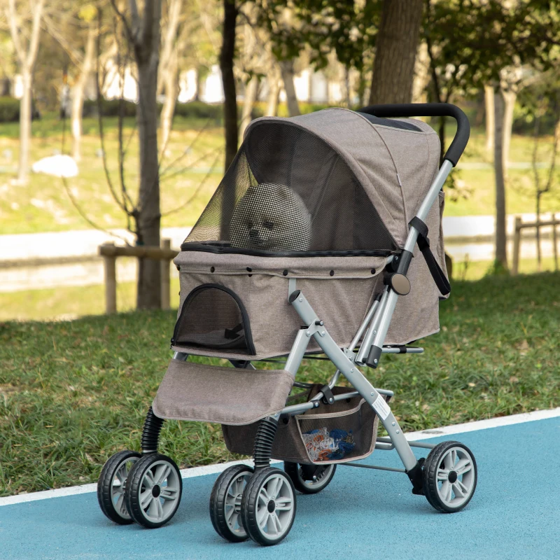 PawHut 4 Wheels Pet Stroller w/ Reversible Handle, Foldable Dog Cat Travel Carriage w/ EVA Wheels Basket Storage Bag 3-stage Canopy Brown