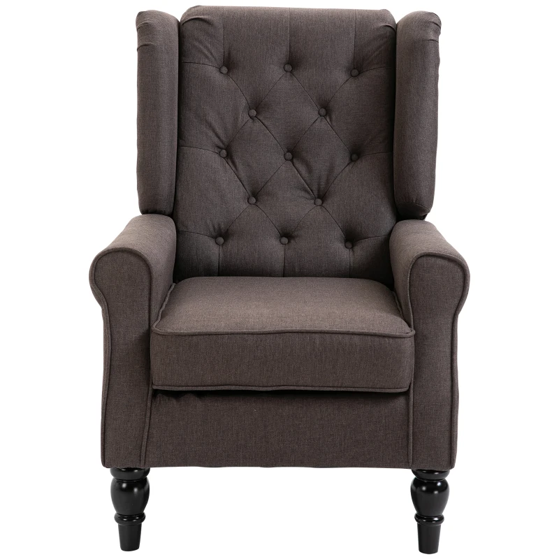HOMCOM Wingback Accent Chair for Living Room, Button-Tufted Lounge Chair with Round Armrests and Wood Legs, Dark Brown