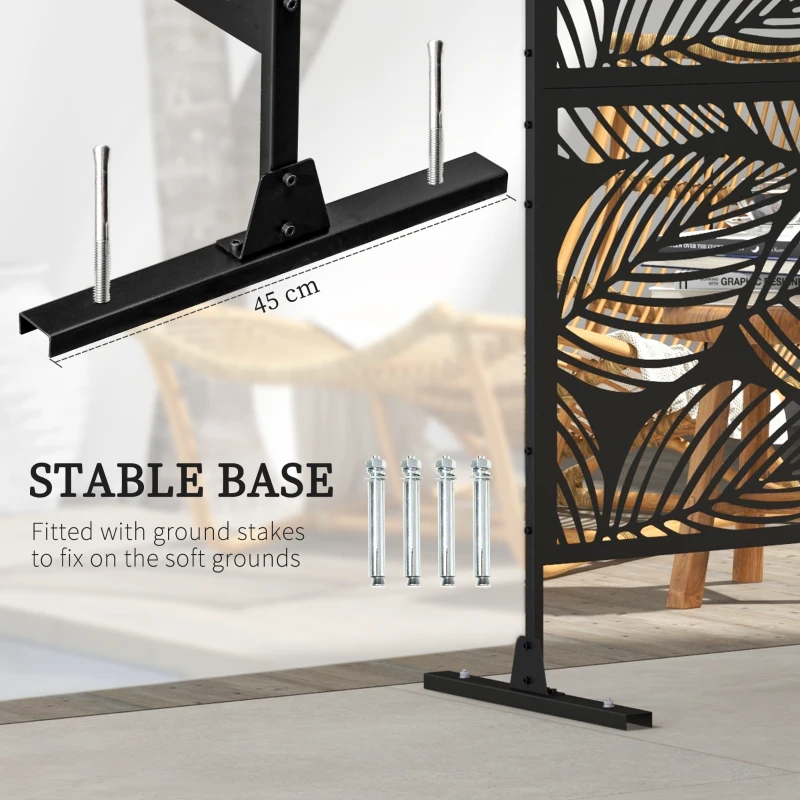 Outsunny 6.5' Decorative Outdoor Divider, Metal Privacy Screen with Stand, Leaf Motif, Black