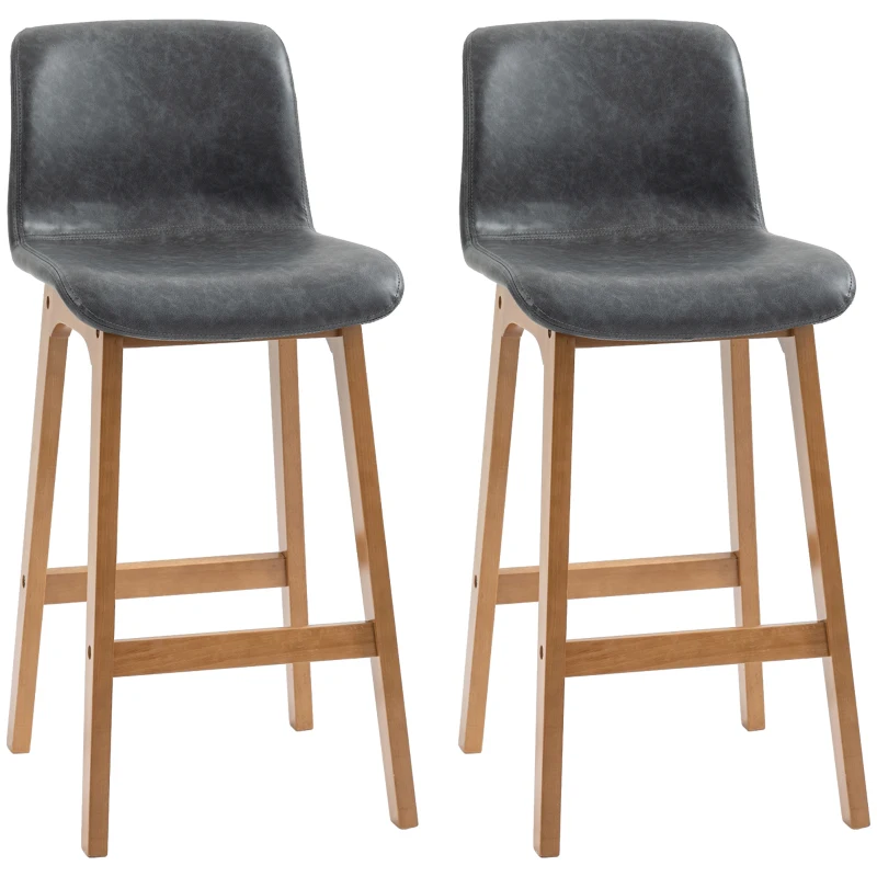 HOMCOM Modern Bar Stools Set of 2, Counter Height Bar Chair with PU Leather Wooden Frame Padding Seats for Dining Room Home Bar, Grey