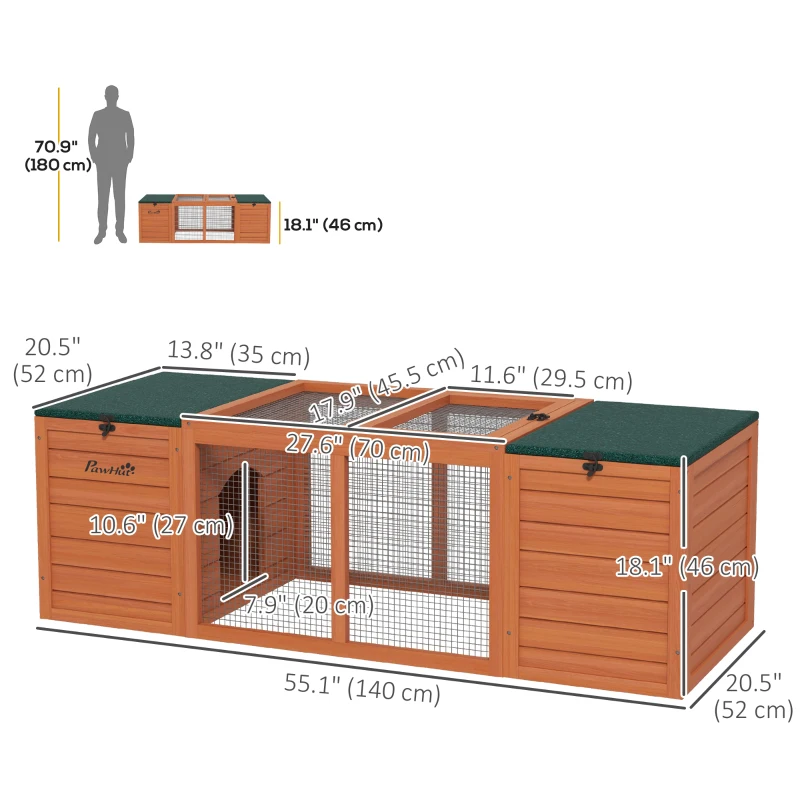 PawHut Outdoor Rabbit Cage Wooden Rabbit Hutch with Double Main House, Openable Tops, Asphalt Roofs for 1-2 Rabbits, Orange