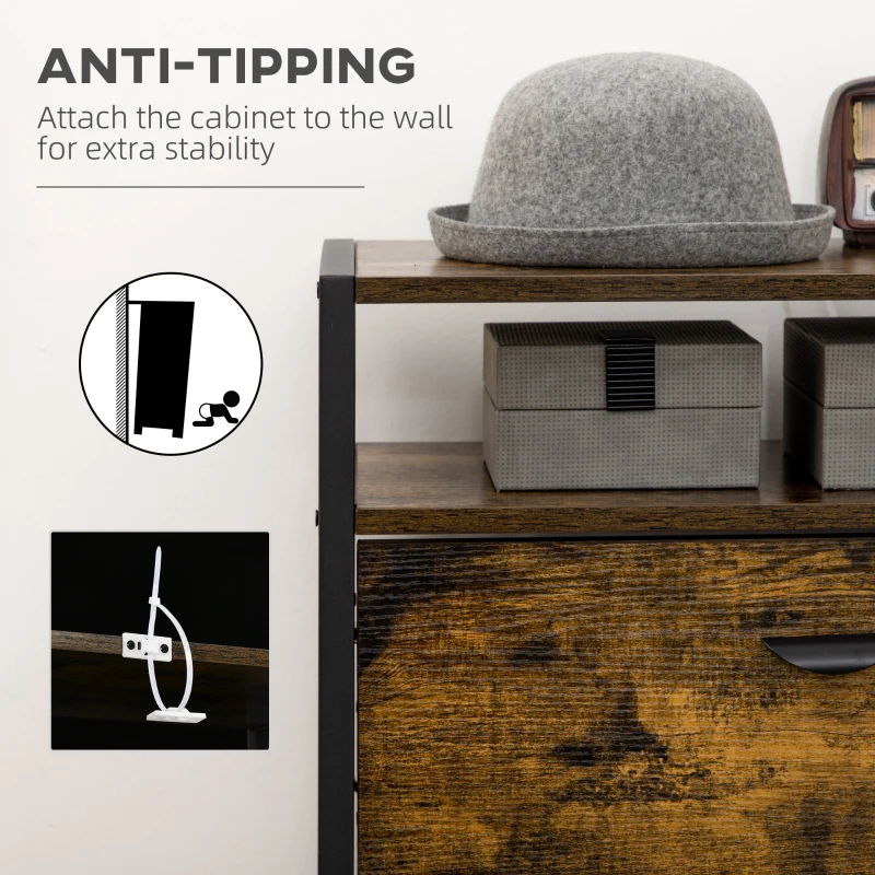 HOMCOM Industrial 12 Pair Shoe Storage Cabinet with 3 Flip Drawers and Open Shelf, Shoe Storage Organizer Rustic Brown