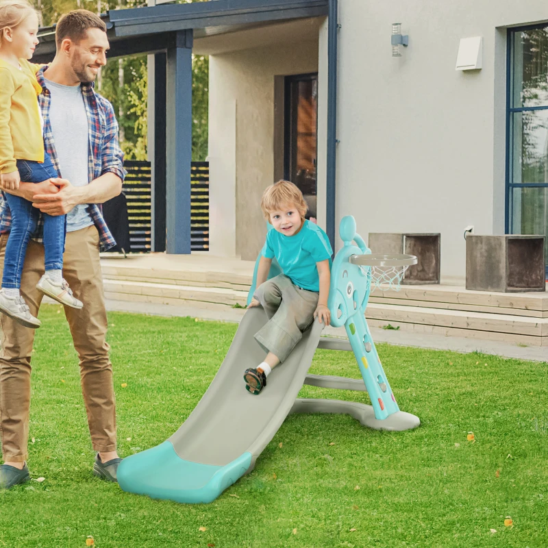 Qaba 2 in 1 Kids Slide with Basketball Hoop, Foldable Toddler Freestanding Slider Playset, for 18 months -4 Years Deer Shaped, Includes Basketball, Pump - Blue