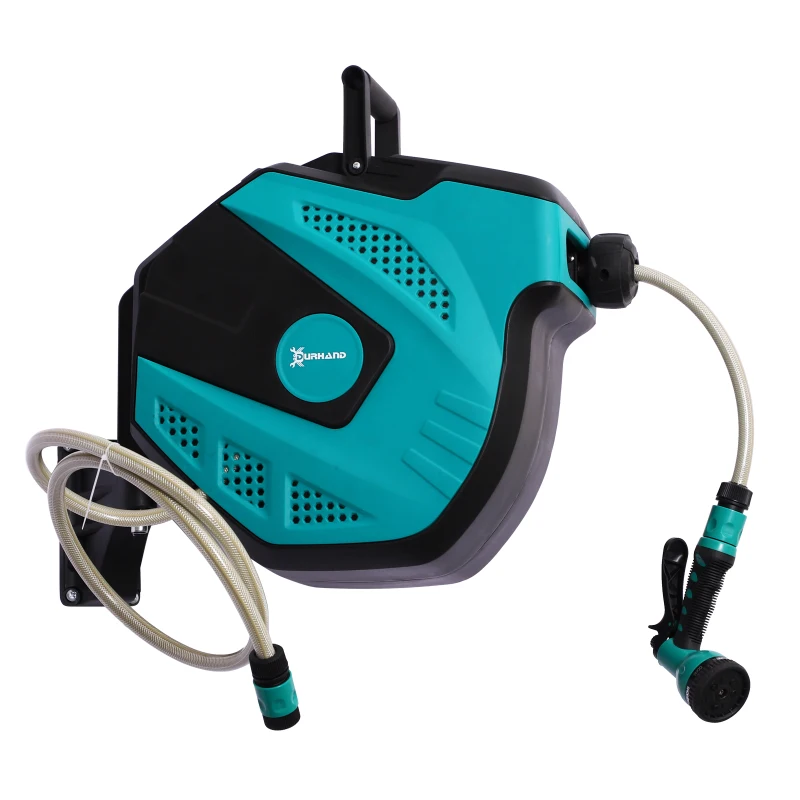 Outsunny Retractable Garden Hose Reel 1/2" x 49 ft Wall Mounted with Automatic Rewind, 180° Swivel Bracket, Any Length Lock, 7 Pattern Hose Nozzle