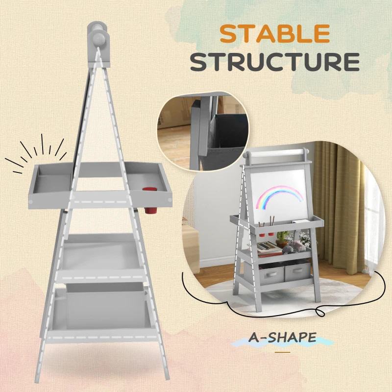 Qaba Double Sided Easel for Kids, Standing Toddler Easel with Paper Roll, Magnetic Whiteboard, Chalkboard & Storage, Gray