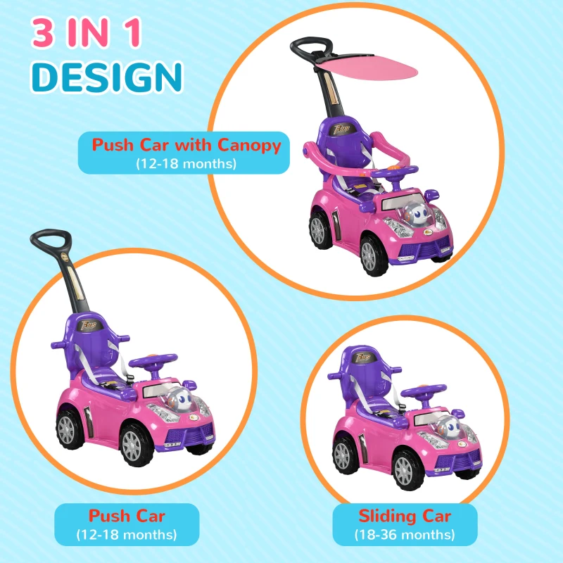 Qaba 3 in 1 Push Car Sliding Car with Removable Handle, Music, Horn, Canopy, Safety Guardrail, Pink