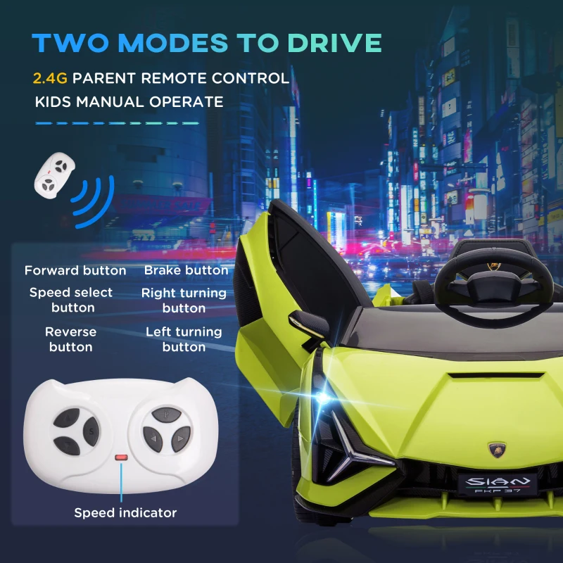 Aosom 12V Lamborghini SIAN Licensed Electric Car for kids with Remote Control, Horn, Music, & Headlights, Green