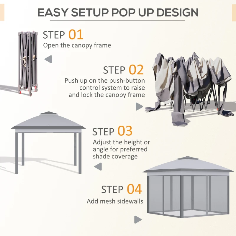 Outsunny 11' x 11' Pop Up Canopy, Double Roof Foldable Canopy Tent with Zipper Mesh Sidewalls, Height Adjustable and Carrying Bag, Event Tent for Patio Garden Backyard, Grey