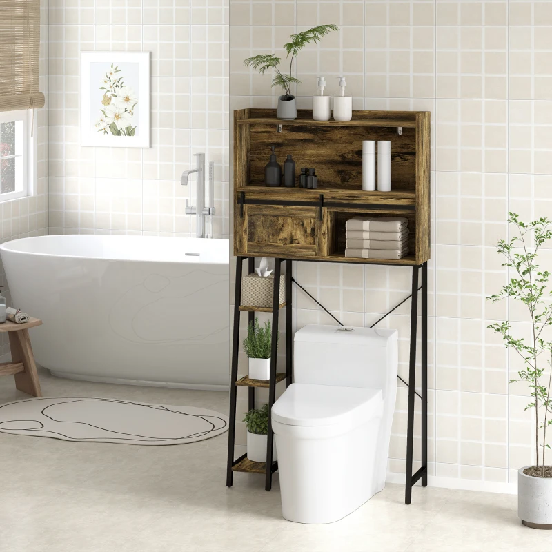 HOMCOM Over the Toilet Storage Cabinet, Over Toilet Bathroom Organizer with 3 Compartments, 4 Open Shelves, Rustic Brown