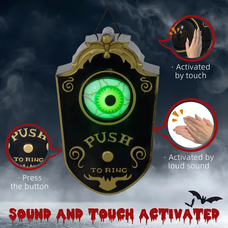 HOMCOM Halloween Decoration Animatronic, Doorbell w/ Realistic Light-up Eyeball, Sound and Motion Prop Activated for Party