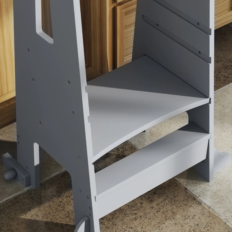Qaba Height Adjustable Toddler Tower w/ Safety Rail, Handlbar, for Bathroom, Kitchen, Gray