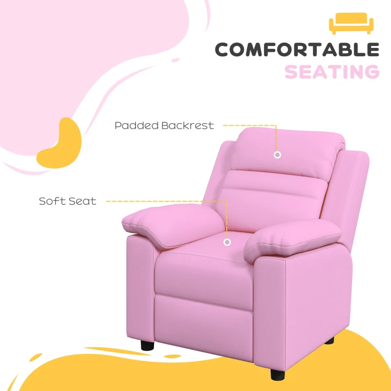 Qaba Kids Leather Recliner Chair with Armrest, Footrest, Headrest for Boys and Girls 3-9 Years Old, Pink
