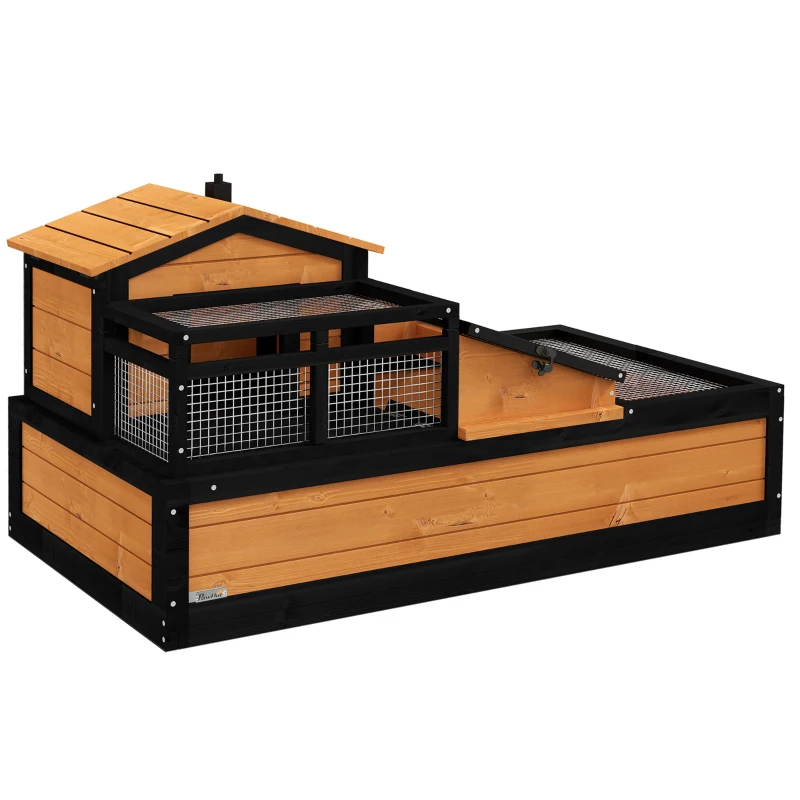 PawHut 3-Room Tortoise House Habitat with Balcony & 2 Stories, Indoor/Outdoor Wooden Tortoise Enclosure with Ladder, Tray, Openable Roof, Large Reptile Cage, 44" x 25.5" x 23", Yellow