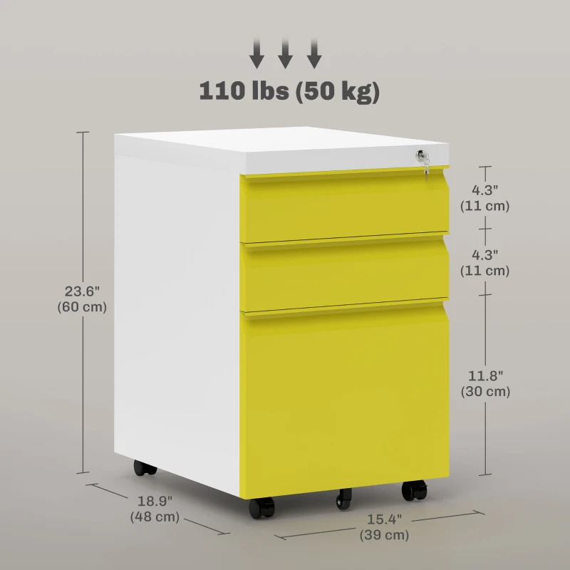 Vinsetto 3 Drawer Filing Cabinet, Lockable Office Storage Cabinet on Wheels for Legal, Letter, A4 Files, Yellow