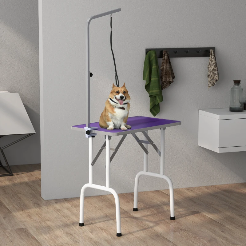 PawHut Foldable Pet Grooming Table for Dogs Cats with Adjustable Arm, Non-slip Surface, Purple