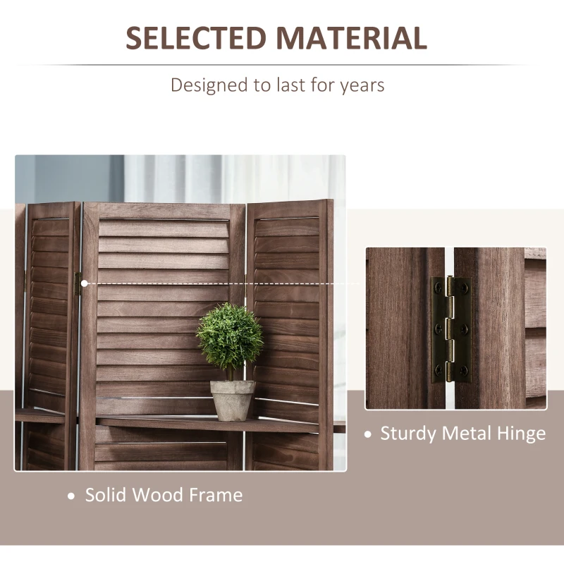 HOMCOM Room Divider, 4 Panel 67" Tall Wood Privacy Screen with 3 Display Shelves, and Folding Storage for Bedroom or Home Office, Walnut