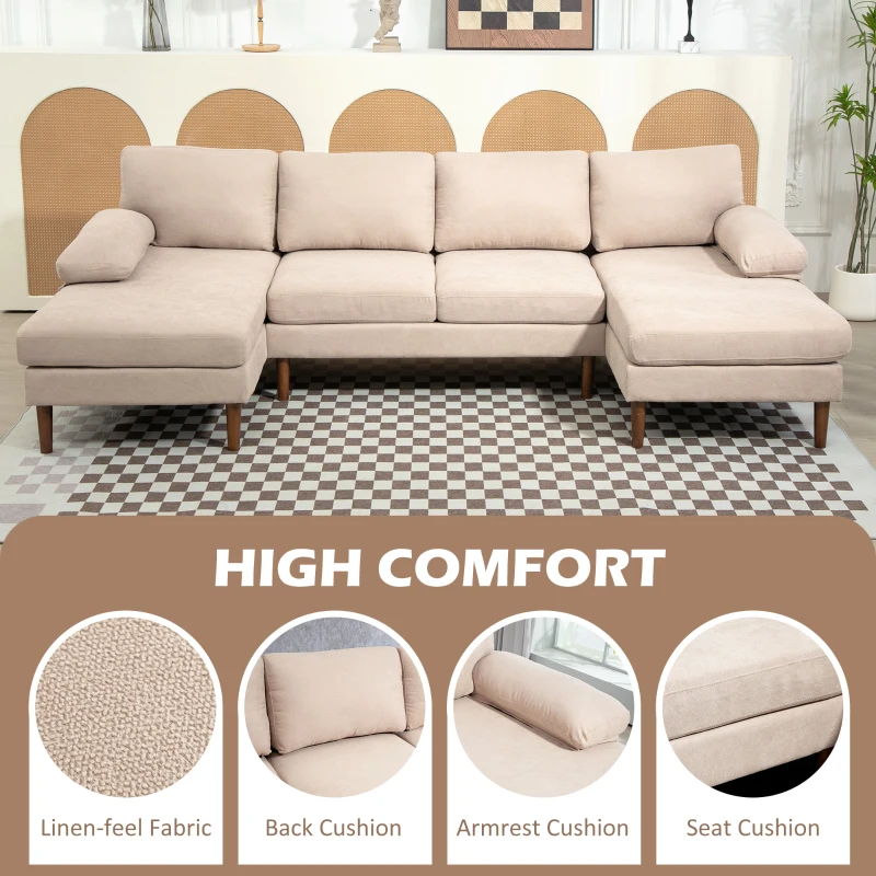 HOMCOM U Shape Couch with Double Chaise Lounge, Modern 4 Seater Sofa with Wooden Legs, Fabric Sofa for Living Room, Beige