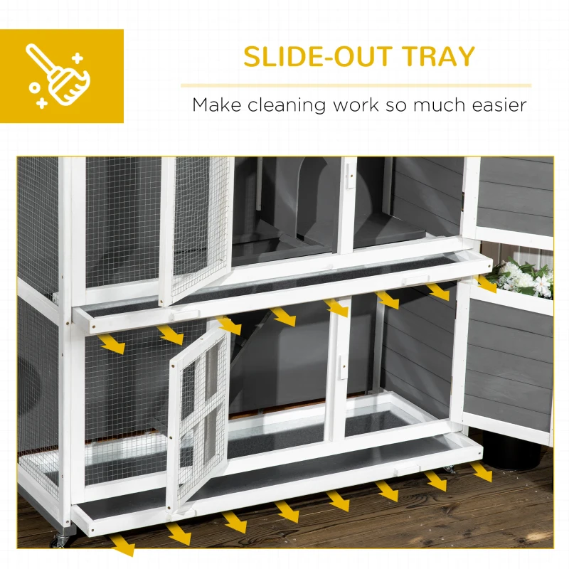 PawHut 2 Tier Wooden Rabbit Hutch with Wheels, Waterproof Roof, Removable Tray for Outdoor & Indoor, Dark Grey