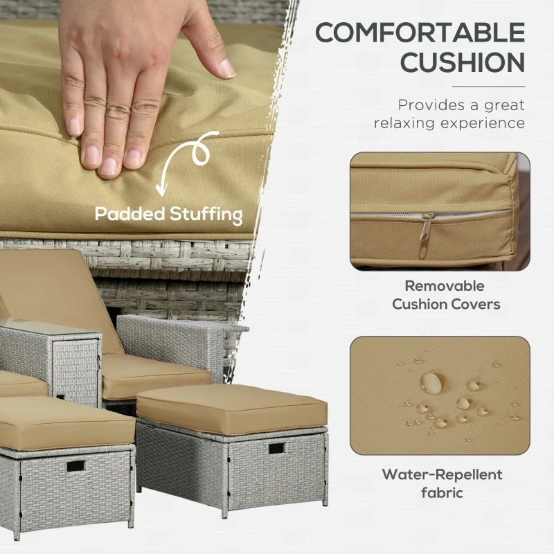 Outsunny 5PC Wicker Patio Lounger, Outdoor PE Rattan 5-level Adjustable Recliner Sofa Bed with Storage Side Table and Footstools, for Patio, Garden, Poolside, Khaki