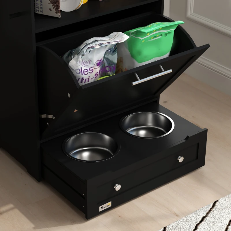 PawHut Pet Feeder Station Storage Cabinet, Dog Food Storage Container with Dog Raised Bowls, Watering Supplies, Black
