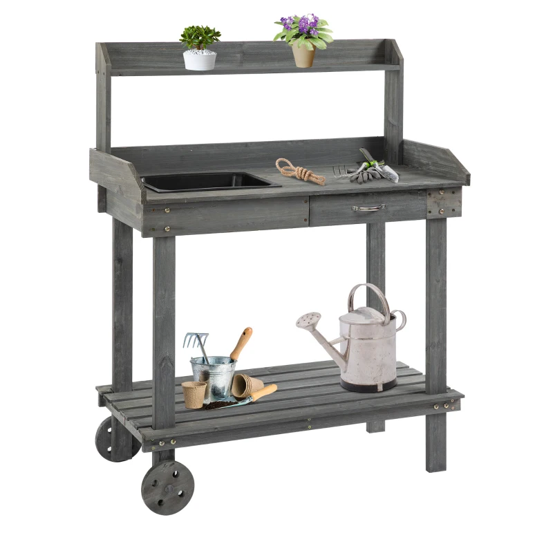 Outsunny 36" Wooden Potting Bench Work Table with 2 Removable Wheels, Garden Workstation with Removable Sink, Drawer & Large Storage Spaces, Gray