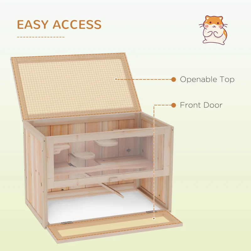 PawHut 24 Inch Hamster Cage, 2 Levels Small Animals Habitat Pet House with Openable Roof, Run Space, Platforms, Natural Wood