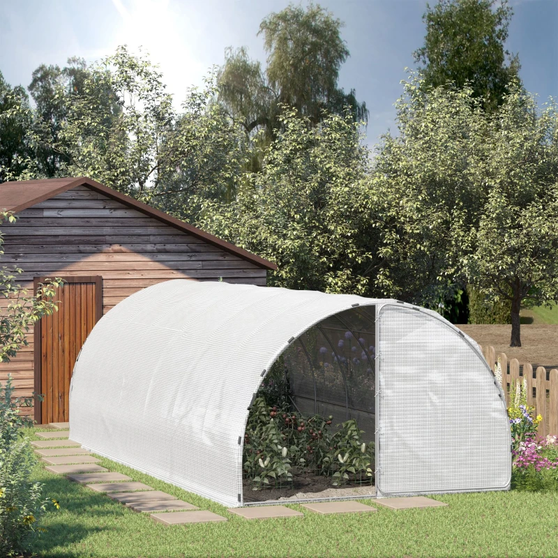Outsunny 20' x 10' x 7' Large Walk-in Greenhouse, Steel Frame, PE Cover, 2 Doors, Outdoor Tunnel Hoop Hot House Kit for Tropical Plants, Flowers, Herbs and Vegetables, White