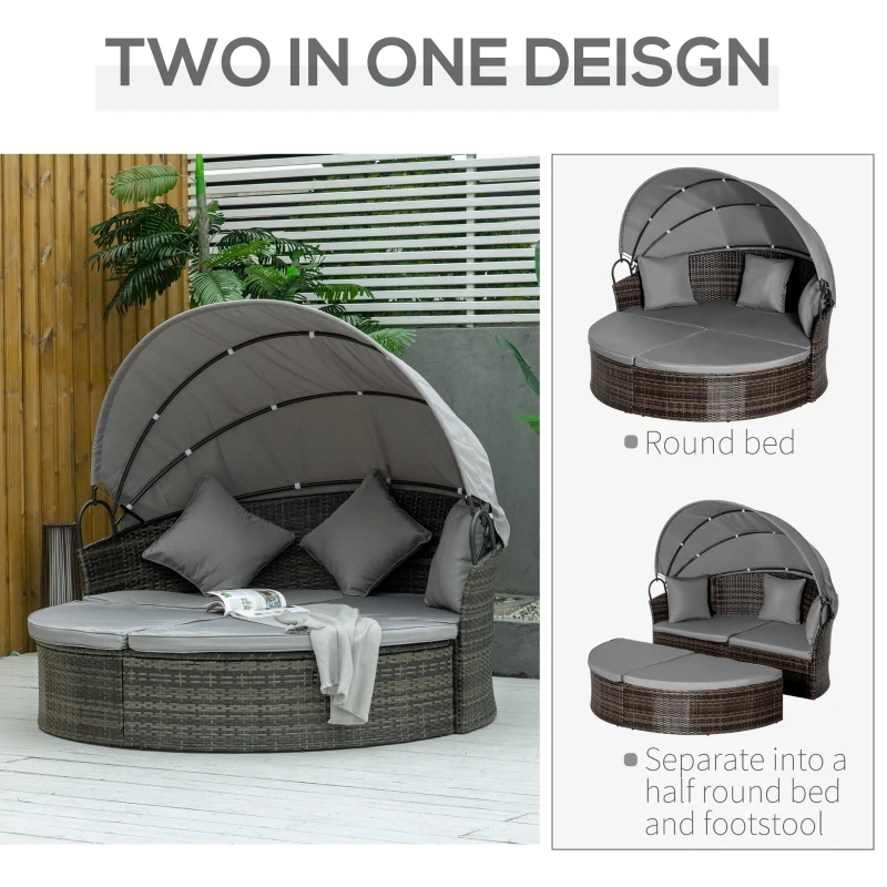 Outsunny 2 Pcs Rattan Outdoor Daybed with Retractable Canopy, Wicker Round Patio Daybed Set with Cushions & Pillows, Mixed Grey