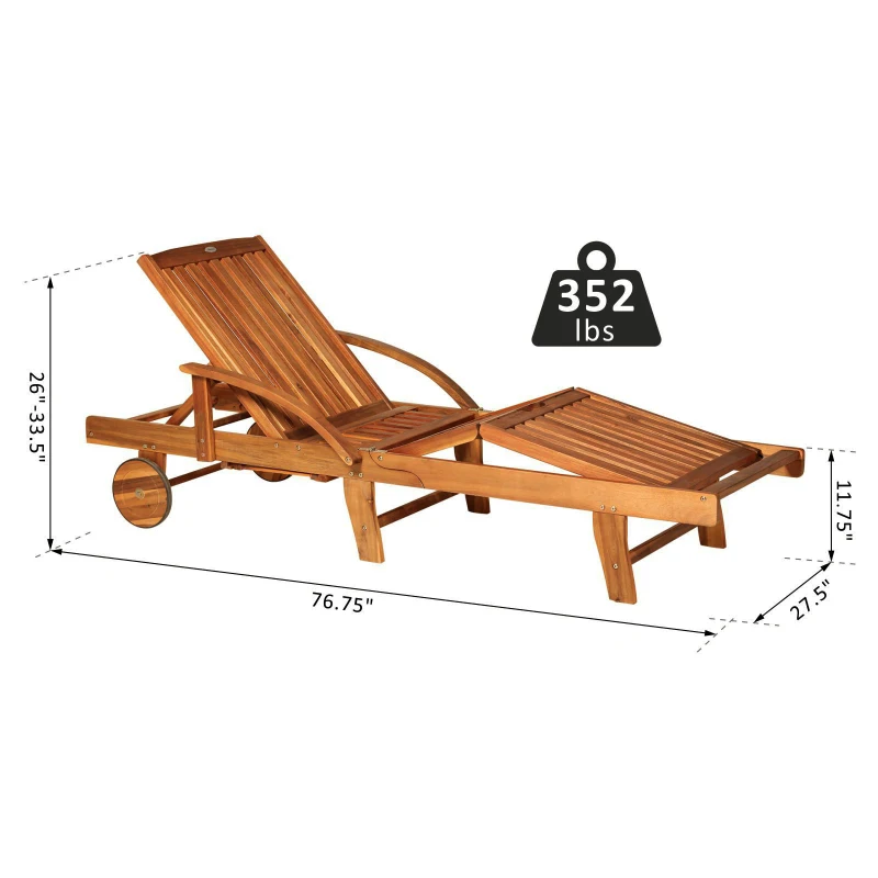 Outsunny Acacia Wood Folding Patio Sun Lounger with Wheels and Pull-Out Tray