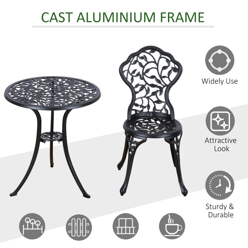 Outsunny 3 Pieces Bistro Set, Patio Table and Chairs with Cast Aluminum Frame for Garden, Balcony, Porch, Black