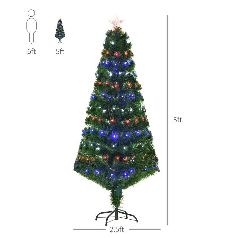 HOMCOM 5ft Fiber Optic Artificial Fir Christmas Tree, LED Pre-Lit Holiday Decoration with 180 Lights and Branch Tips