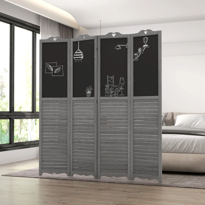 HOMCOM Wooden Room Divider with Blackboard, 4 Panel Folding Privacy Screen for Home Office, 5.5', Gray