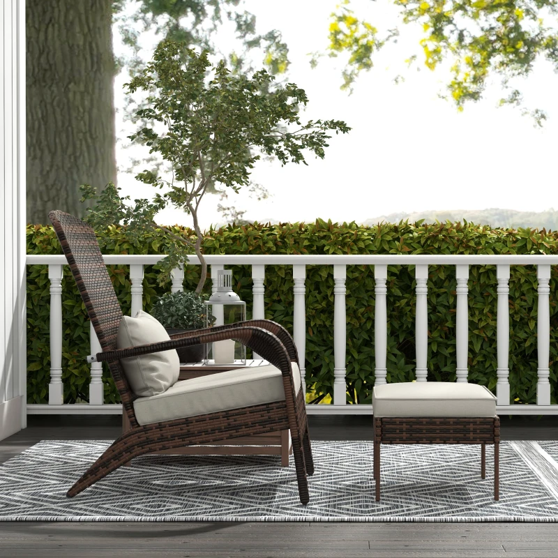 Outsunny Wicker Adirondack Chair with Ottoman, Patio Cushioned Muskoka Chair with Armrests Brown/Cream White