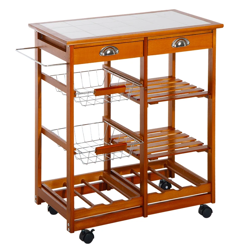 HOMCOM Rolling Kitchen Trolley Cart 4 Tier Storage Wooden Table Rack 2 Drawers Baskets Countertop