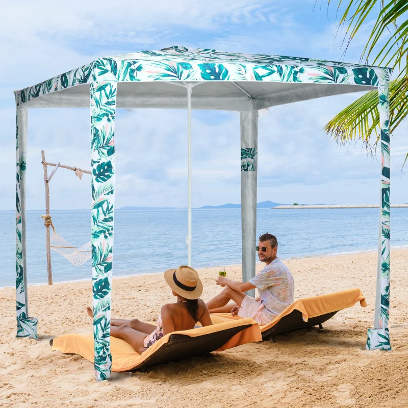 Outsunny Quick Beach Cabana Canopy Umbrella, 8' Easy-Assembly Sun-Shade Shelter with Sandbags and Carry Bag, Cool UV50+ Fits Kids & Family, Green Coconut Palm