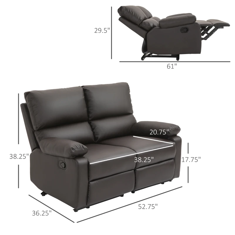 HOMCOM Modern Manual Recliner 2 Seater Sofa Reclining Loveseat with PU Leather Upholstery, Side Handles and Footrest, Brown