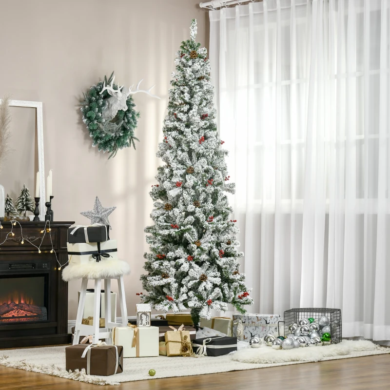 HOMCOM 7.5 Foot Pencil Snow Flocked Artificial Christmas Tree with 950 Pine Realistic Branches, Pine Cones, Red Berries, Auto Open, Green