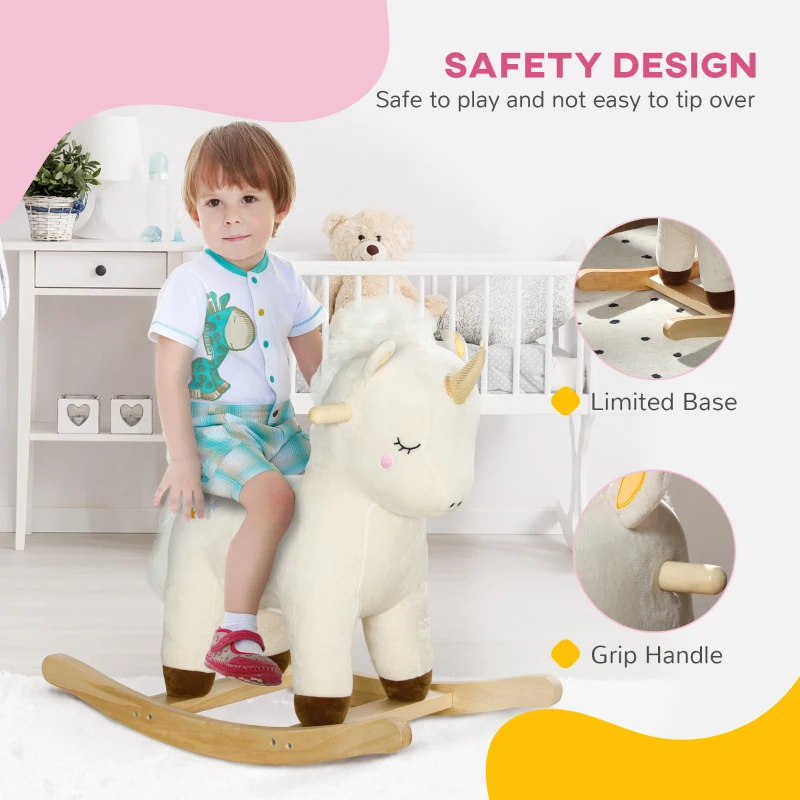 Qaba Kids Rocking Horse, Ride on Unicorn with Realistic Sounds & Wooden Base for Years 2-4, White