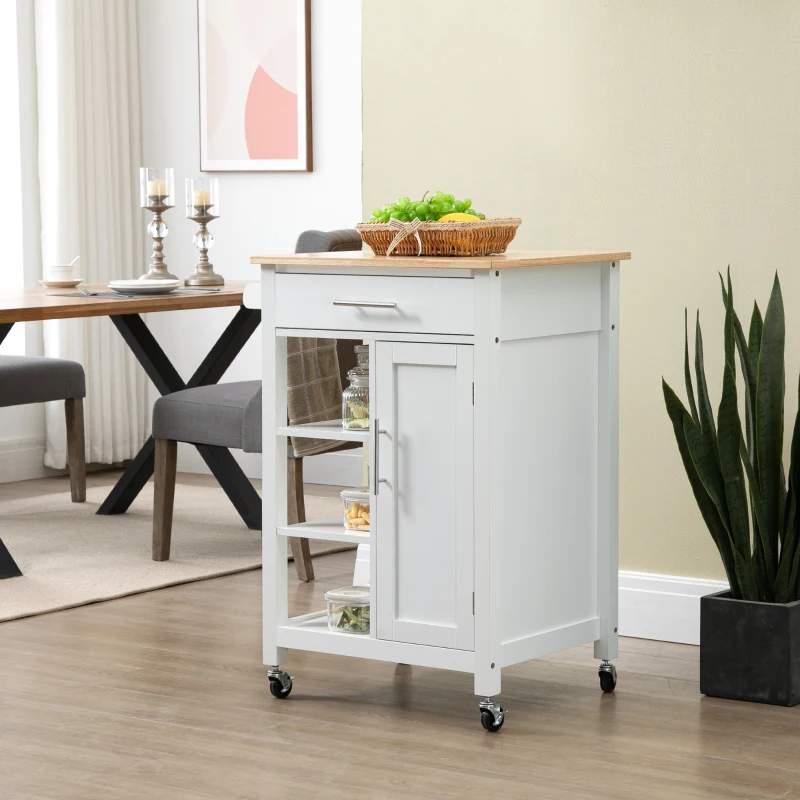HOMCOM Kitchen Island Cart, Rolling Kitchen Island with Storage Shelf, Solid Wood Top, Drawer, for Dining Room, White