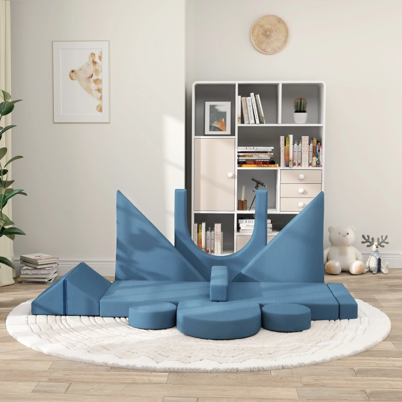 Qaba 12-Piece Modular Kids Play Couch Building Fort for Playroom Bedroom, Convertible Kids Sofa, Blue