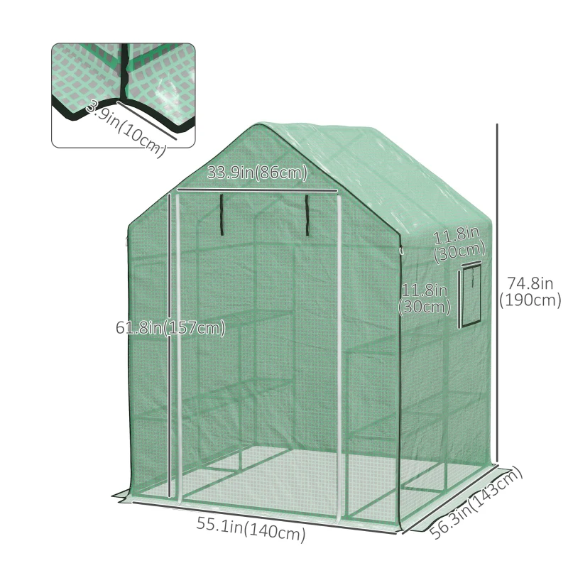 Outsunny 4.6' x 4.7' x 6.2' Walk-in Greenhouse with 3 Tier 8 Shelves, Outdoor Green House with Reinforced PE Cover, Garden Plant Grow Hot House Roll-up Door and Mesh Windows, Green