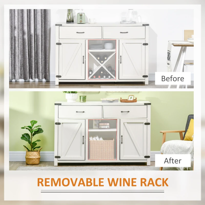 HOMCOM Farmhouse Coffee Bar Cabinet, Sideboard Buffet Cabinet Wine Cabinet with Drawers, Barn Style Doors, Wine Rack, White