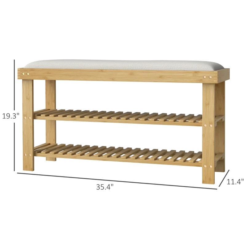 HOMCOM Bamboo Shoe Storage Bench, 3-Tier Entryway Bench with Cushion, Shoe Organizer for Entryway, Hallway, Cream White