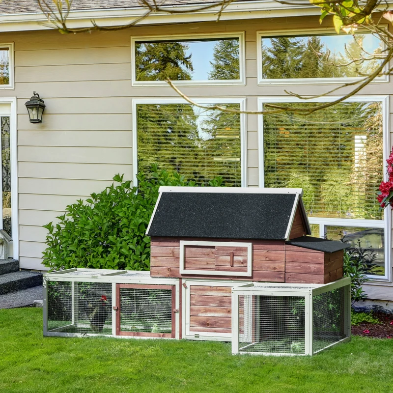PawHut Wooden Chicken Coop, Outdoor Chicken Cage Poultry Hen House with Nesting Box, Double Runs, Asphalt Roof, Ramp
