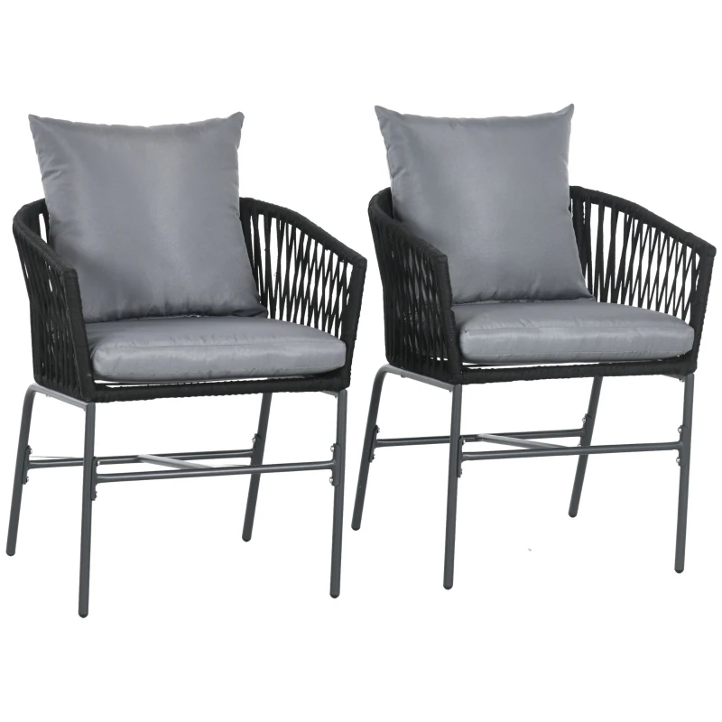 Outsunny Outdoor Dining Chairs Set of 2 Boho Rope Woven Patio Chairs with Cushions for Balcony, Lawn, Garden, Indoor, Dark Grey