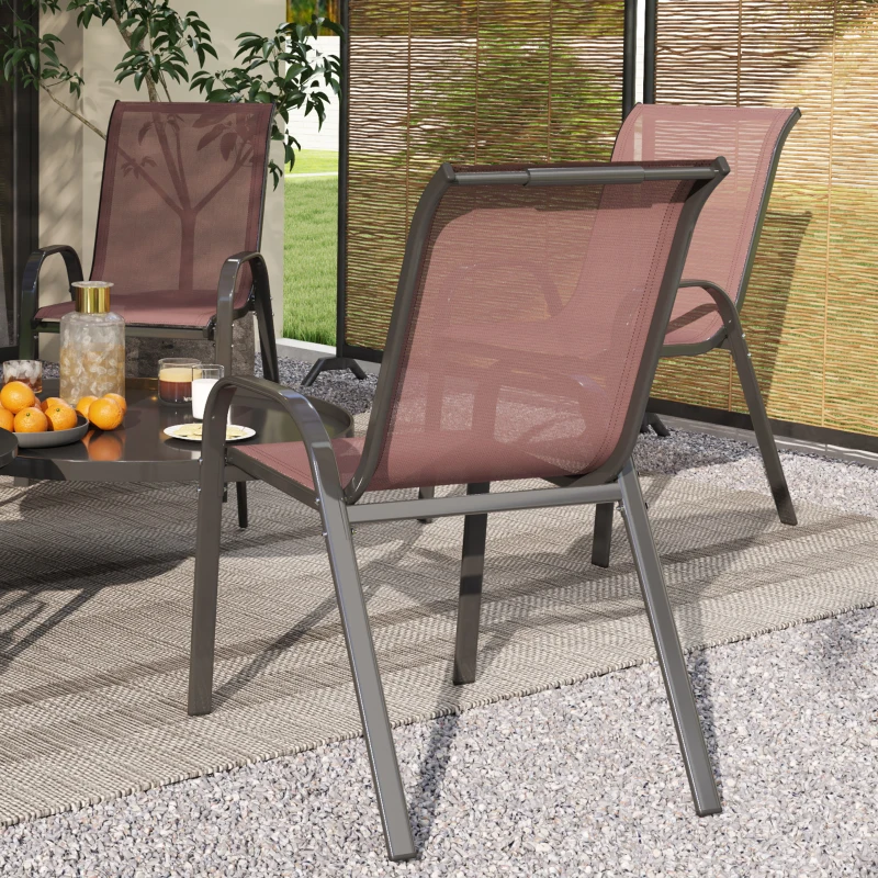 Outsunny Set of 4 Outdoor Dining Chairs, Stackable Patio Chairs with High Back, Breathable Mesh Seat for Garden Lawn, Brown