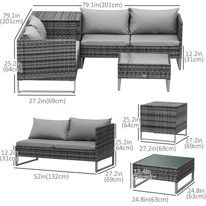 Outsunny 4 Piece Patio Furniture Set with Coffee Table and Corner Table for Backyard, Porch, Poolside, Balcony, Garden