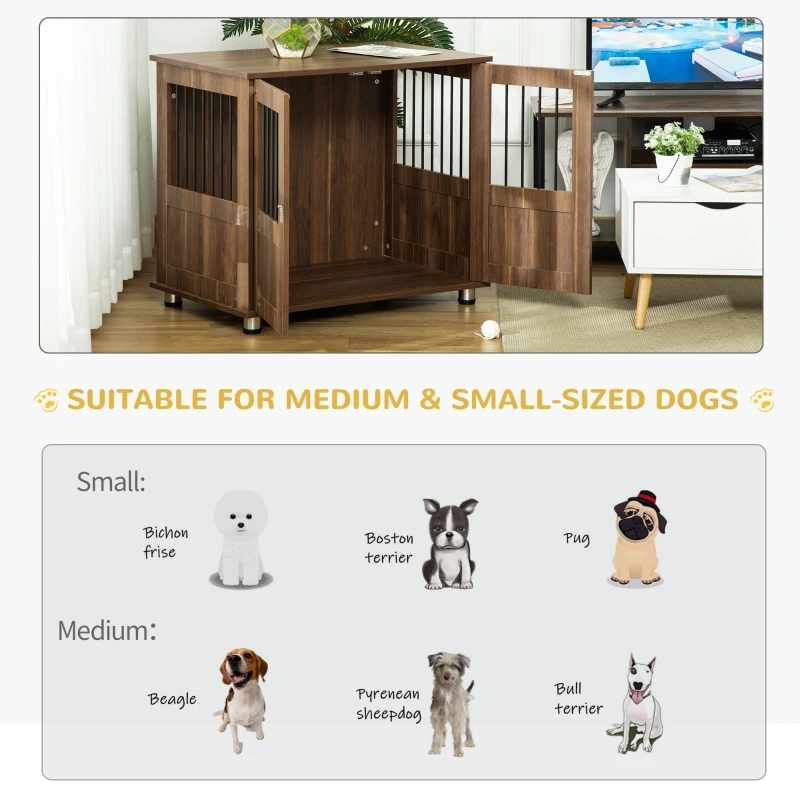 PawHut Dog Crate Furniture, Wooden End Table Furniture with Lockable Magnetic Doors, Small & Medium Size Pet Kennel Indoor Animal Cage, Brown